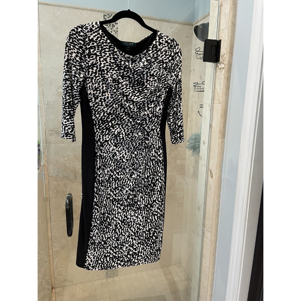 Ralph Lauren Career Dress Jersey Stretch Color Block Cheetah Gray Blue 10